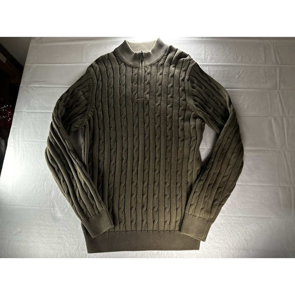LYLE & SCOTT Sweater Mens Large Combed Cotton Olive Cable Knit Herringbone